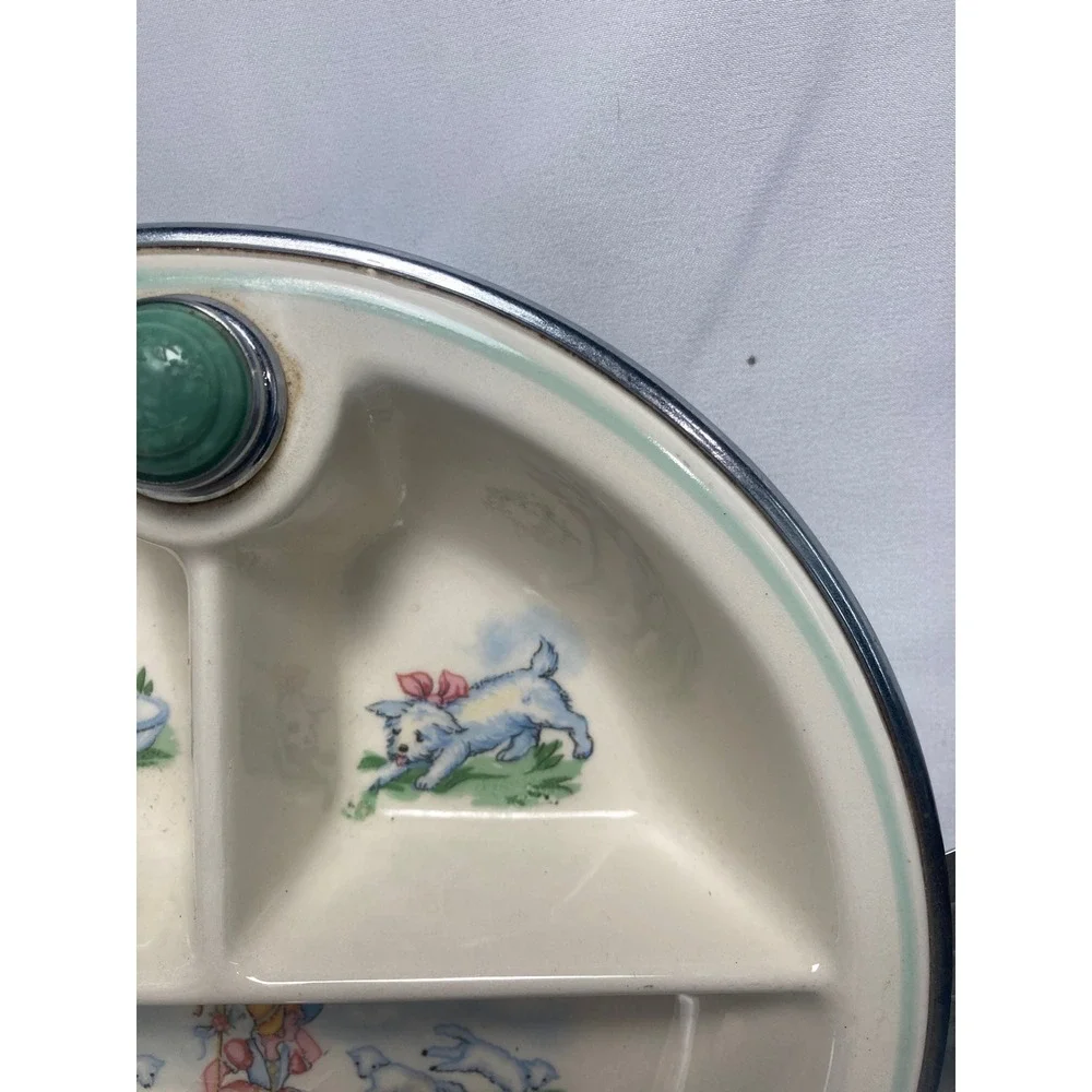 Vintage 1944 Bartsch Little Bo Peep Baby Warming Dish Divided Plate Chrome